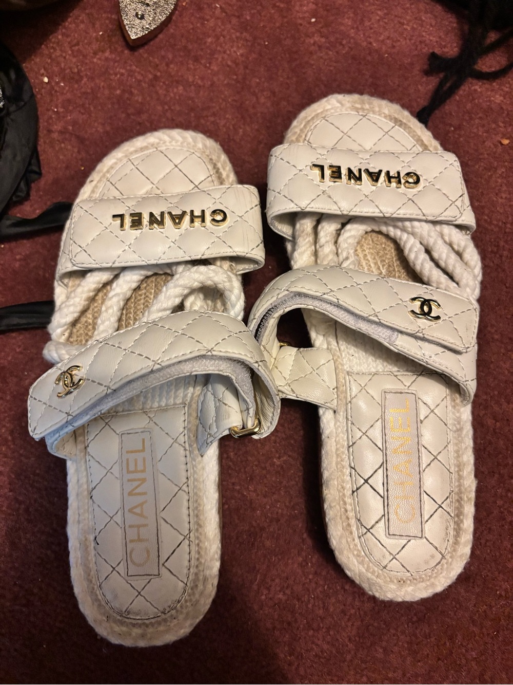 CHANEL Cream Quilted Rope Slide Sandals with Gold Logo
